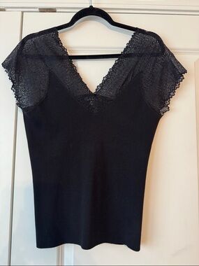 Nicole Miller Black Lace Cap-Sleeve V-Neck Top